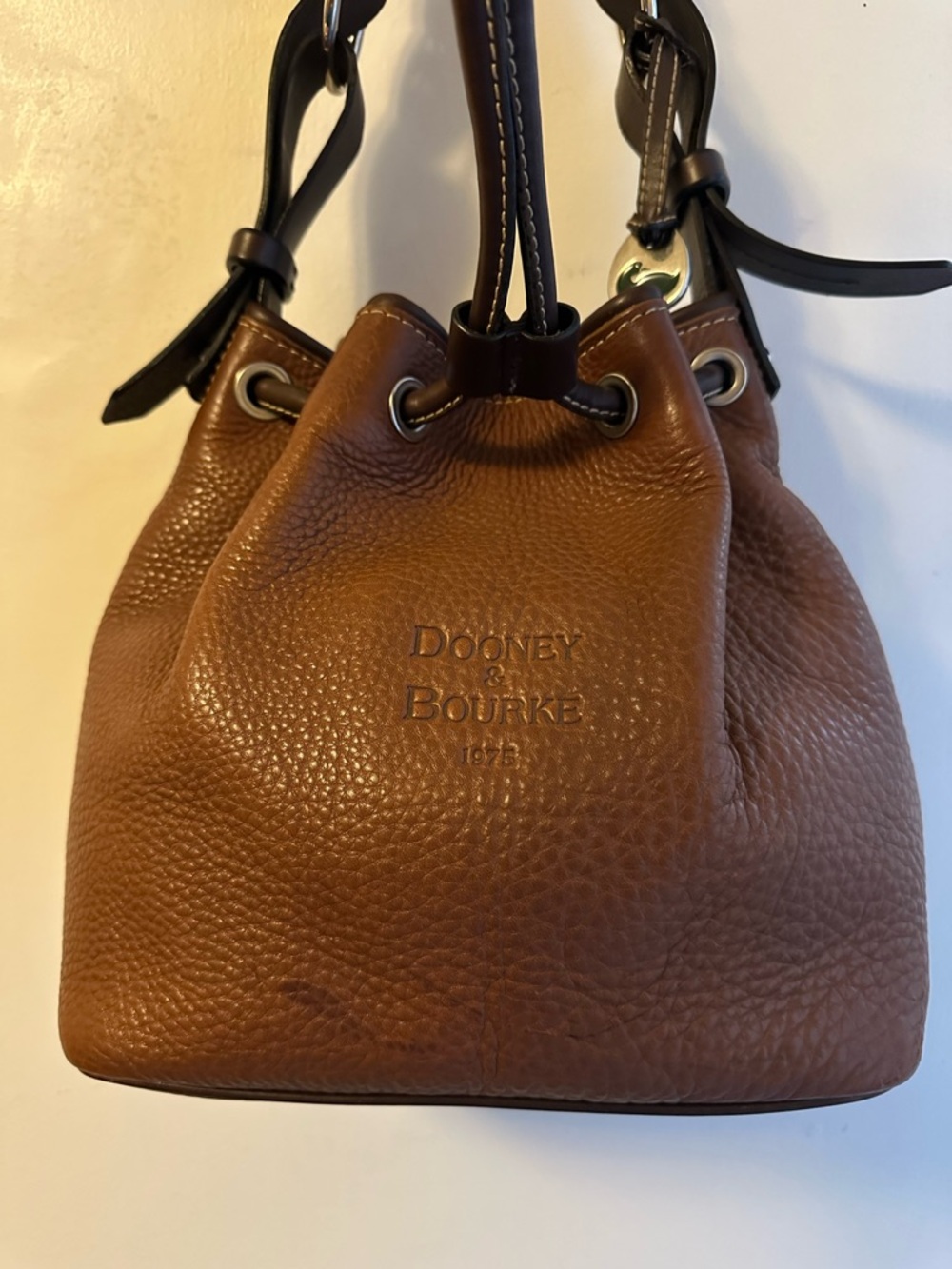 Dooney & Bourke Brown Leather Drawstring Shoulder Bag with Dark Brown Trim - Picture 16 of 16